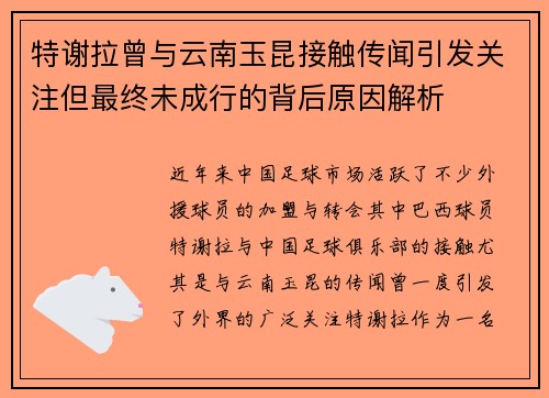 特谢拉曾与云南玉昆接触传闻引发关注但最终未成行的背后原因解析
